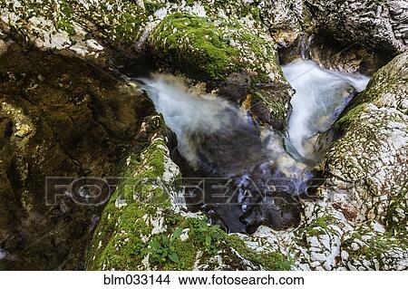 Picture - High angle view of water swirling near rock formations. Fotosearch