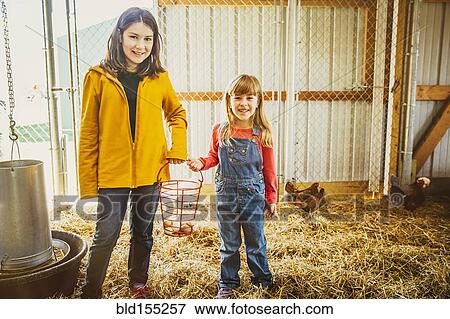 Stock Photo - Caucasian sisters collecting chicken eggs in barn. Fotosearch