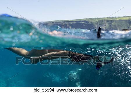 Mixed race woman snorkeling in tropical ocean View Large Photo Image Picture - Mixed race woman snorkeling in tropical ocean. Fotosearch
