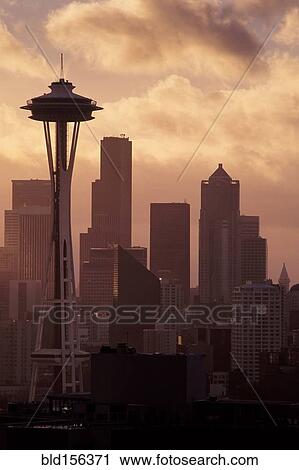 Stock Image - "Space Needle and high rise buildings in Seattle city skyline, Washington, United States". Fotosearch