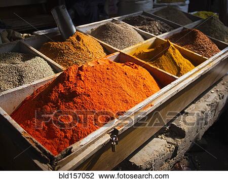 Bins of dried spices for sale in market View Large Photo Image Stock Image - Bins of dried spices for sale in market. Fotosearch