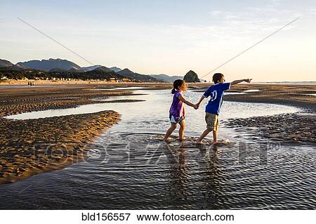 Stock Photo - Caucasian children walking in tide pools on beach, Cannon Beach, Oregon, United States. Fotosearch