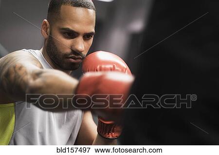 Close up of Hispanic man punching bag in gym View Large Photo Image Stock Photo - Close up of Hispanic man punching bag in gym. Fotosearch