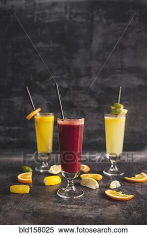 Stock Photography - Close up of variety of healthy juices. Fotosearch