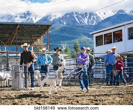 Stock Photo - Cowboys watching boy throw lasso in rodeo. Fotosearch
