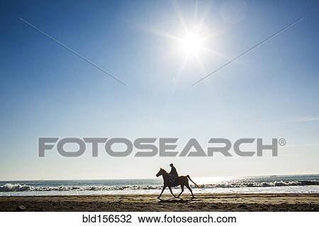 Stock Image - Horseback rider on beach. Fotosearch