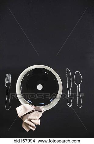 Picture - Plate and napkin with drawing of flatware. Fotosearch