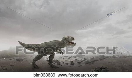 Stock Photo - Airplane flying over dinosaur in rocky field. Fotosearch