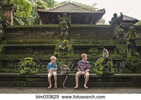 Caucasian brothers examining monkeys on ruins View Large Photo Image Stock Photo - Caucasian brothers examining monkeys on ruins. Fotosearch