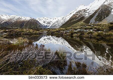 Stock Image - Snowcapped mountains reflecting in remote lake, Mount Cook Village, Mckenzie Country, New Zealand. Fotosearch