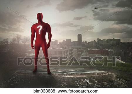Superhero with question mark costume overlooking cityscape View Large Photo Image Stock Photo - Superhero with question mark costume overlooking cityscape. Fotosearch