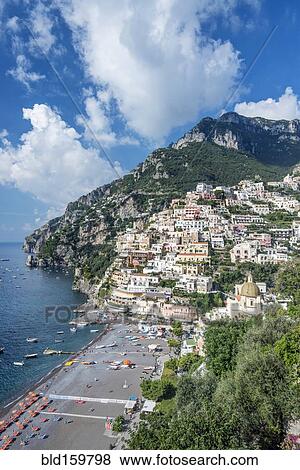Stock Photo - Aerial view of beach and Positano cityscape, Salerno, Italy. Fotosearch
