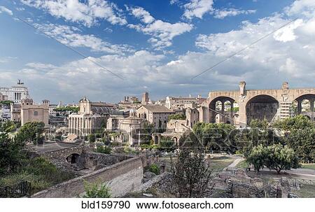 Stock Image - Aerial view of Roman Forum in cityscape, Rome, Italy. Fotosearch