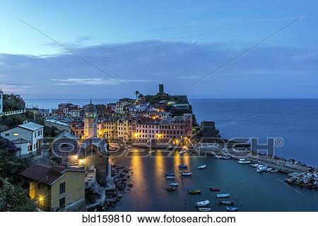 Stock Image - Aerial view of Vernazza cityscape and ocean, La Spezia, Italy. Fotosearch