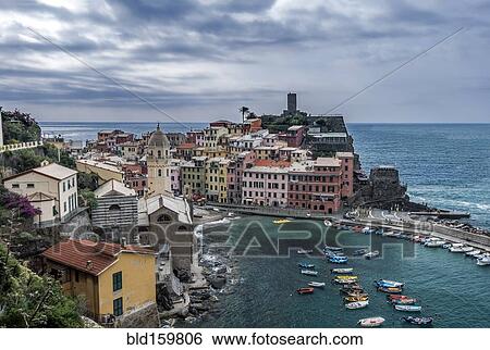 Stock Photograph - Aerial view of Vernazza cityscape and ocean, La Spezia, Italy. Fotosearch