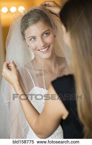 Caucasian bridesmaid arranging veil for bride View Large Photo Image Stock Photography - Caucasian bridesmaid arranging veil for bride. Fotosearch