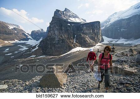 Stock Photo - Caucasian mother and daughter hiking on Six Glaciers Trail, Banff, Alberta, Canada. Fotosearch