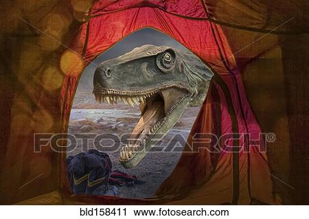 Stock Image - Dinosaur roaring outside tent at remote campsite. Fotosearch