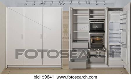 Stock Image - Empty refrigerator and cabinet storage in modern kitchen. Fotosearch