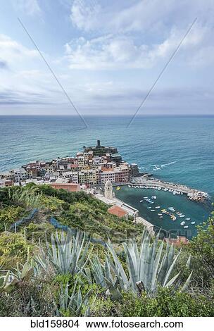 Picture - High angle view of Vernazza cityscape and ocean, La Spezia, Italy. Fotosearch