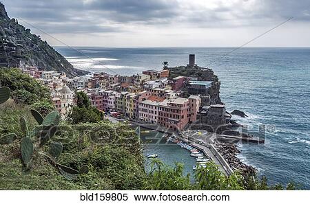 Stock Photography - High angle view of Vernazza cityscape and ocean, La Spezia, Italy. Fotosearch