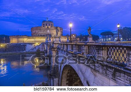 Picture - Ornate bridge and Ponte Sant'Angelo illuminated at night, Rome, Italy. Fotosearch