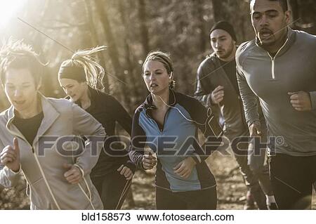 Stock Image - Runners jogging on dirt path in forest. Fotosearch