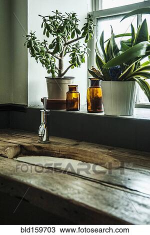 Stock Image - Sink in wooden counter with potted plants in window. Fotosearch