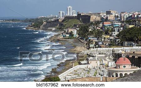Stock Image - Aerial view of Old San Juan cityscape and beach, Puerto Rico, United States. Fotosearch