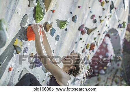 Athlete climbing rock wall in gym View Large Photo Image Stock Photography - Athlete climbing rock wall in gym. Fotosearch