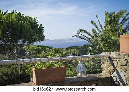 Stock Photo - Balcony overlooking treetops and ocean. Fotosearch
