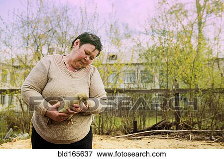 Stock Photo - Caucasian farmer holding duckling on farm. Fotosearch