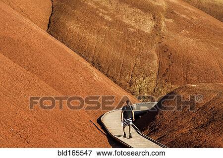 Stock Photo - Caucasian hiker on wooden walkway in desert hills. Fotosearch