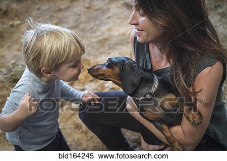 Caucasian mother, son and pet dog playing in barn View Large Photo Image Stock Photography - Caucasian mother, son and pet dog playing in barn. Fotosearch