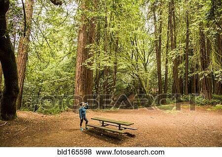 Stock Photo - Caucasian woman drinking from bottle in forest clearing. Fotosearch
