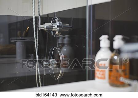 Stock Image - Glass shower in modern bathroom. Fotosearch