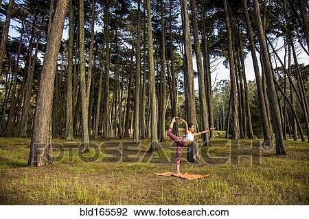 Stock Image - Hispanic woman practicing yoga in forest. Fotosearch