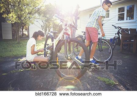 Mixed race children fixing bicycles in backyard View Large Photo Image Stock Photo - Mixed race children fixing bicycles in backyard. Fotosearch