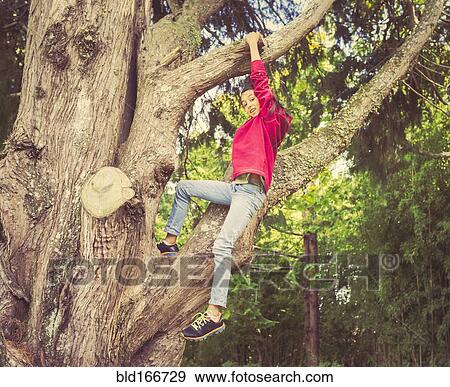 Stock Photo - Mixed race girl climbing tree. Fotosearch