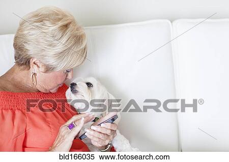 Stock Photography - Older Caucasian woman and dog using cell phone on sofa. Fotosearch