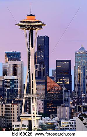 Space Needle and high rise buildings in Seattle city skyline at sunset, Washington, United States View Large Photo Image Stock Photo - Space Needle and high rise buildings in Seattle city skyline at sunset, Washington, United States. Fotosearch