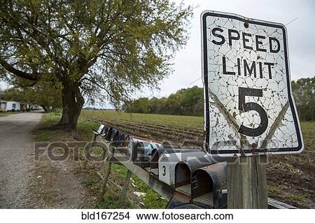 Picture - Speed limit sign and mail boxes on country road. Fotosearch