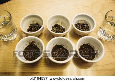 Variety of ground coffee beans in cups View Large Photo Image Stock Photo - Variety of ground coffee beans in cups. Fotosearch