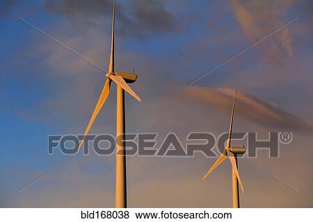 Stock Photo - Wind turbines under sunset sky. Fotosearch