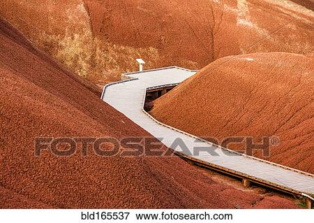 Stock Photo - Wooden walkway in desert hills, Painted Hills, Oregon, United States. Fotosearch