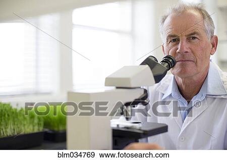 Stock Photo - Caucasian scientist using microscope in laboratory. Fotosearch