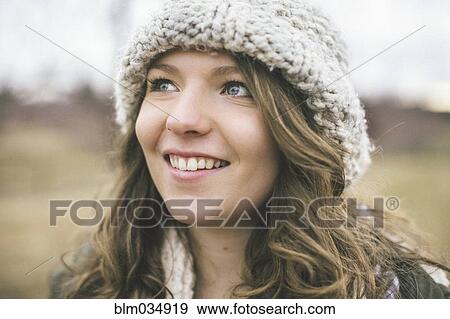 Stock Photo - Caucasian woman wearing knitted cap. Fotosearch