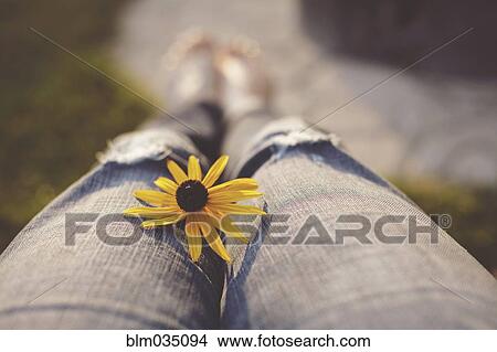 Picture - Close up of daisy on jeans of girl. Fotosearch