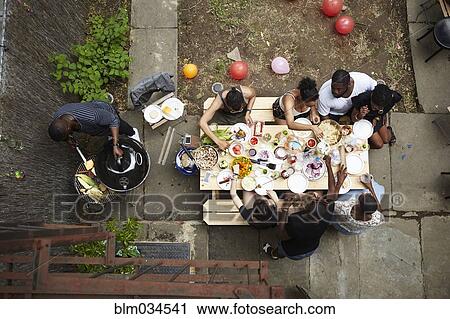 Stock Image - High angle view of friends enjoying backyard barbecue. Fotosearch