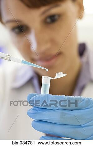 Stock Image - Mixed race scientist pipetting sample into test tube in laboratory. Fotosearch